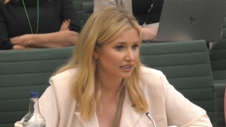 Love Island star Amy Hart gives evidence at an inquiry into influencing. Pic: Parliament Live TV