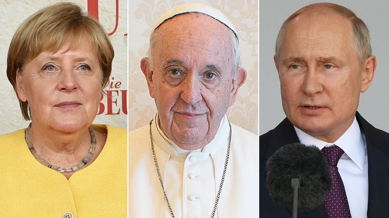 Angela Merkel, Pope Francis and Vladimir Putin
