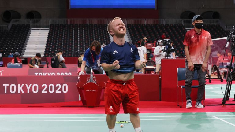 Great Britain's COOMBS Krysten reacts after winning Men's Singles SH6 Bronze Medal Match at Summer Paralympic Games in Tokyo on Sep. 5, 2021.( The Yomiuri Shimbun via AP Images )