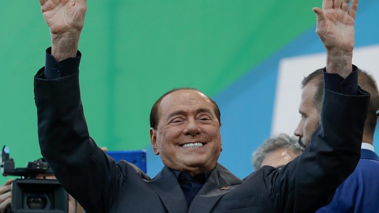 FILE - Silvio Berlusconi addresses a rally in Rome, Saturday, Oct. 19, 2019. Thousands of protesters are gathering in Rome for a so-called "Italian Pride" rally, which brings together the right-wing League of Salvini, the far-right Brothers of Italy of Giorgia Meloni and former premier Silvio Berlusconi&#39;s Forza Italia. (AP Photo/Andrew Medichini)
PIC:AP