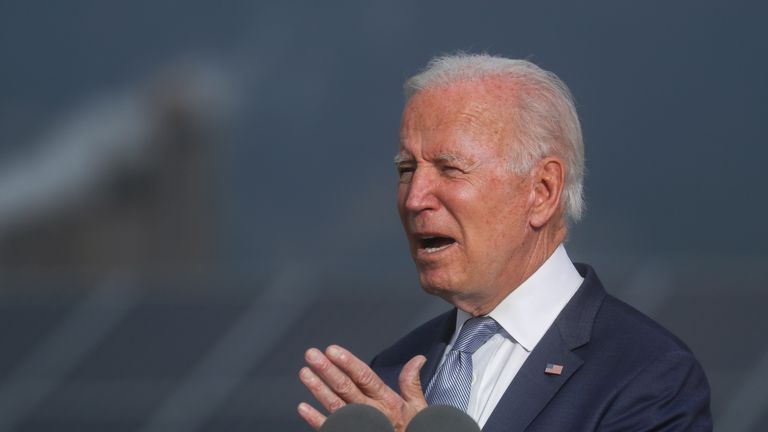 U.S. President Joe Biden makes remarks to promote his infrastructure spending proposals during a visit to the National Renewable Energy Laboratory (NREL), in Golden, Colorado