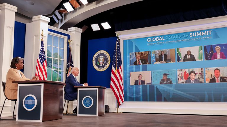 U.S. President Joe Biden and U.S. Ambassador to the United Nations Linda Thomas-Greenfield participate in a virtual coronavirus disease (COVID-19) Summit