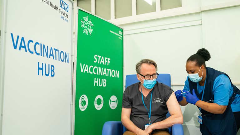 EMBARGOED TO 1300 THURSDAY SEPTEMBER 16 People receiving a Covid-19 booster jab, administered at Croydon University Hospital, south London, as the NHS begins its Covid-19 Booster Vaccination Campaign. Picture date: Thursday September 16, 2021.
