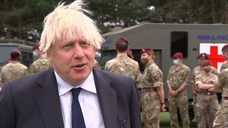 Boris Johnson was visiting troops who had worked to evacuate UK nationals and eligible Afghans from Kabul.