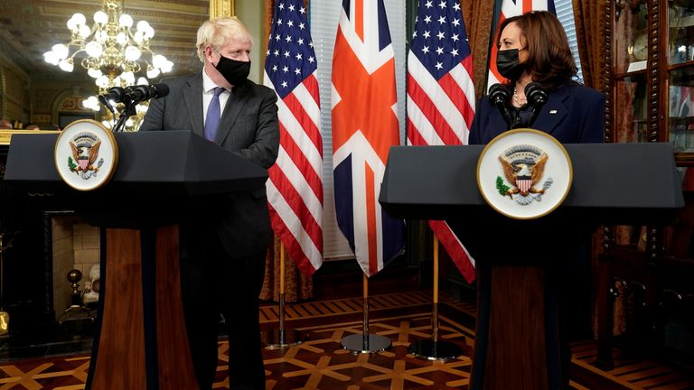 U.S. Vice President Kamala Harris meets with Britain’s Prime Minister Boris Johnson in the Eisenhower Executive Office Building in Washington, U.S., September 21, 2021. REUTERS/Joshua Roberts
