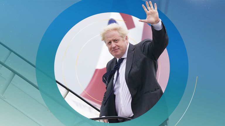 Prime Minister Boris Johnson boards RAF Voyager at Stansted Airport ahead of a meeting with US President Joe Biden in Washington