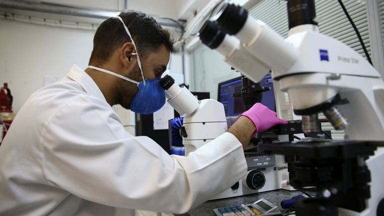 Un chercheur travaille sur un échantillon à l'intérieur d'un laboratoire de l'Institut de physique de l'Université de Sao Paulo pour une étude dans laquelle l'institut prétend avoir découvert une baisse de 75 % de la production de la maladie à coronavirus (COVID-19) après que les cellules sont entrées en contact avec le jararacussu venin de serpent, à Sao Carlos, Brésil, le 30 août 2021. Photo prise le 30 août 2021. REUTERS/Carla Carniel