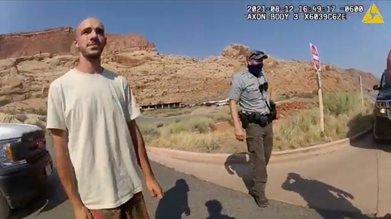 Police footage shows Brian Laundrie talking to an officer after the van he was traveling in with his girlfriend, Gabrielle “Gabby” Petito was pulled over near Moab, Utah. Pic: AP