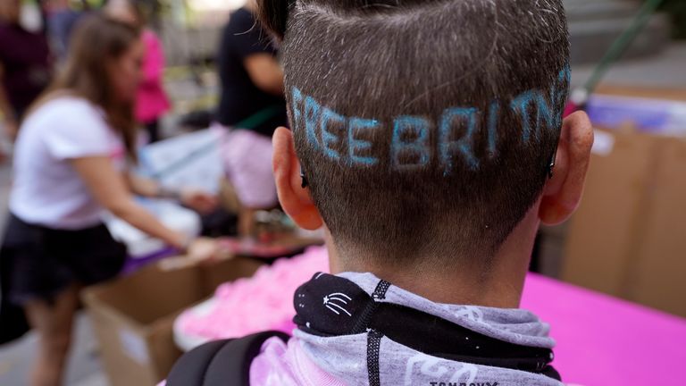 Britney Spears supporter Kim Van Doorn outside the Stanley Mosk Courthouse ahead of a conservatorship hearing on 29 September 2021. Pic: AP Photo/Chris Pizzello