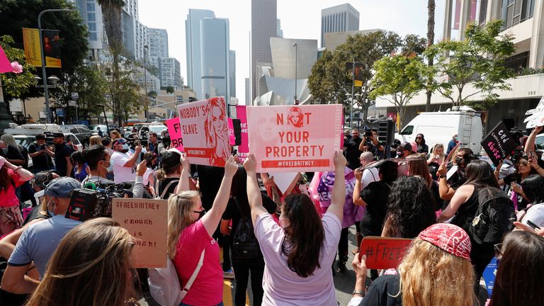 Britney Spears supporters protest outside a conservatorship case hearing at Stanley Mosk Courthouse in Los Angeles, California on 29 September 2021