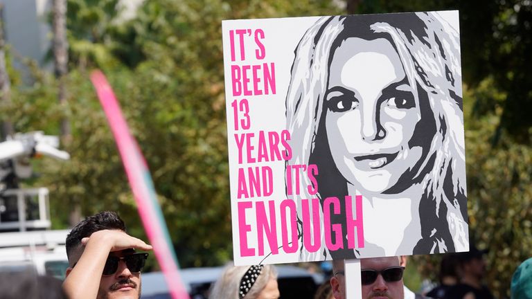 Britney Spears supporters outside the Stanley Mosk Courthouse in Los Angeles on 29 September 2021 ahead of a conservatorship case hearing. Pic: AP/Chris Pizzello