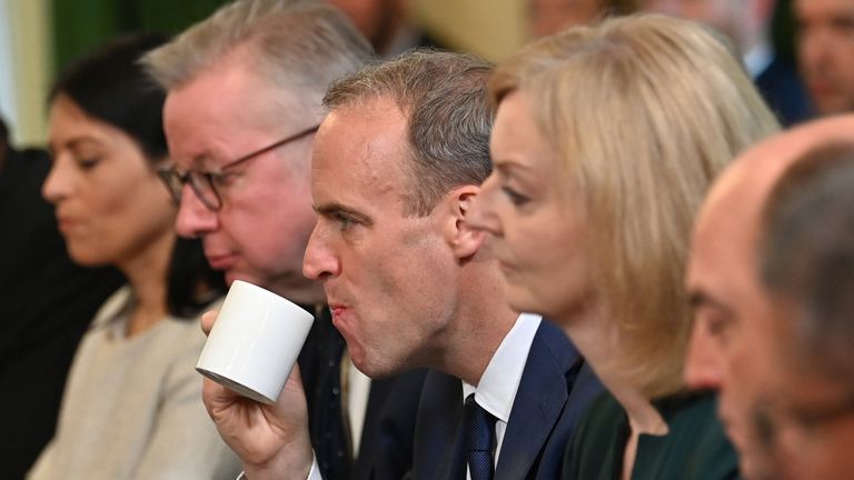 (left to right) Home Secretary Priti Patel, Housing Secretary Michael Gove, Justice Secretary and deputy Prime Minister Dominic Raab, Foreign Secretary Liz Truss, and Defence Secretary Ben Wallace during the first Cabinet meeting since the reshuffle at 10 Downing Street, London. Picture date: Friday September 17, 2021.