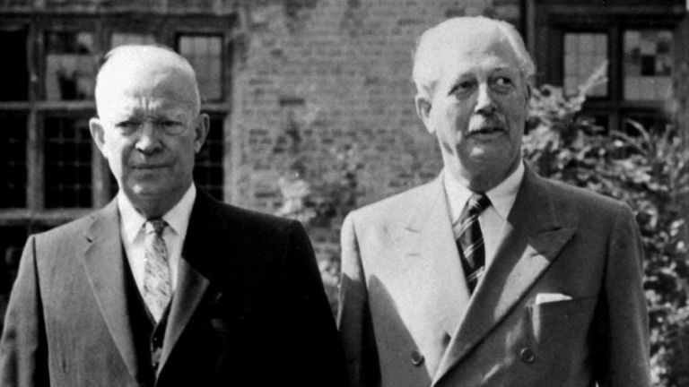 1959:
President Dwight D. Eisenhower of the United States is pictured with Harold Macmillan in the grounds of Chequers, official country residence in Buckinghamshire of the British Prime Minister.