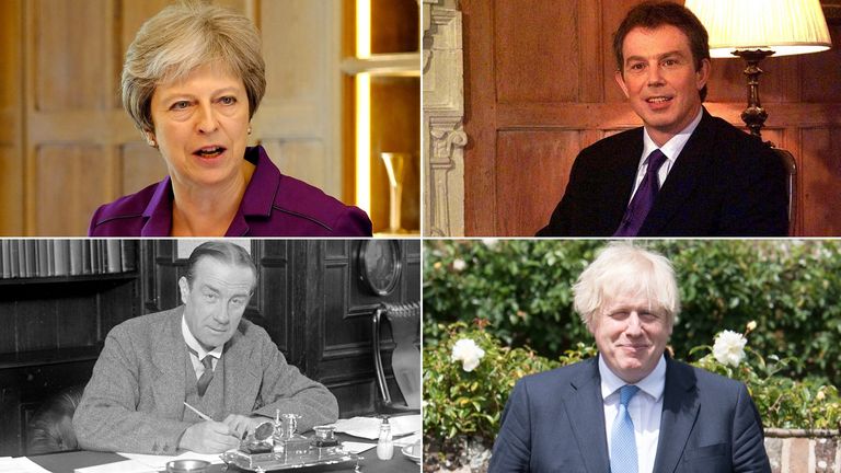 Theresa May, Tony Blair, Boris Johnson, Stanley Baldwin.  Pics@ PA /AP