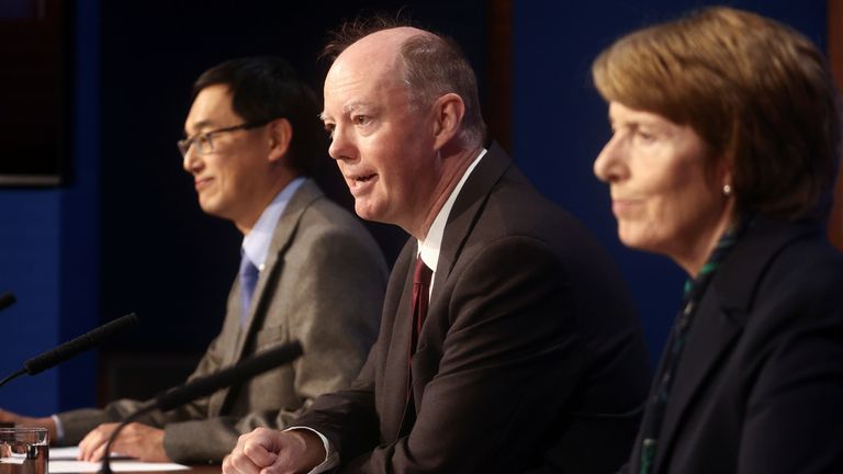 (left to right) Professor Wei Shen Lim, chair of the Joint Committee on Vaccination and Immunisation (JCVI), Chief Medical Officer for England Chris Whitty, and Dr June Raine, Chief Executive of the Medicines and Healthcare products Regulatory Agency (MHRA), during a media briefing in Downing Street, London, on coronavirus (Covid-19). Picture date: Monday September 13, 2021.