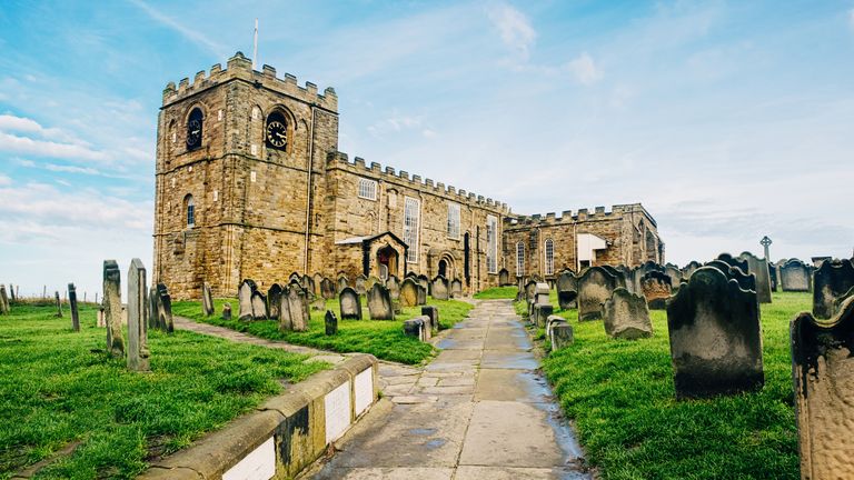 Church of St Mary at the coastal town of Whitby in the North Yorkshire region of England. It sits beside the older Whitby Abbey near the exit to the famous 199 steps.
