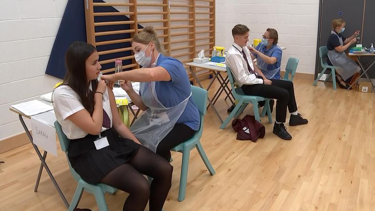 Schoolchildren receive their jabs at Belfairs Academy in Leigh-on-Sea