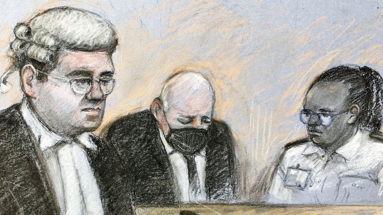 Court artist sketch by Elizabeth Cook of prosecutor Tom Little QC speaking as former Metropolitan Police officer Wayne Couzens, 48, sits in the dock at the Old Bailey