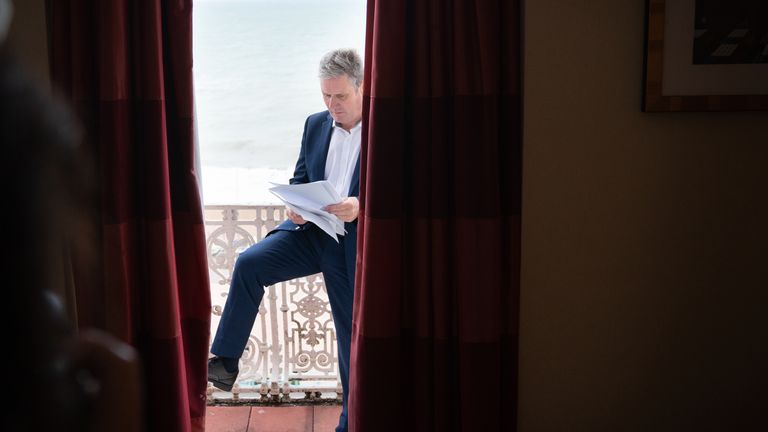 Labour leader, Sir Keir Starmer prepares his Labour Party conference speech in his hotel room in Brighton