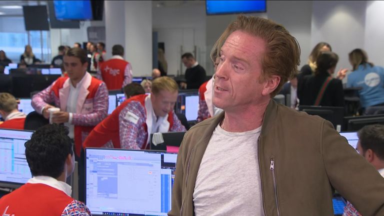 Actor Damian Lewis on the trading floor in Canary Wharf