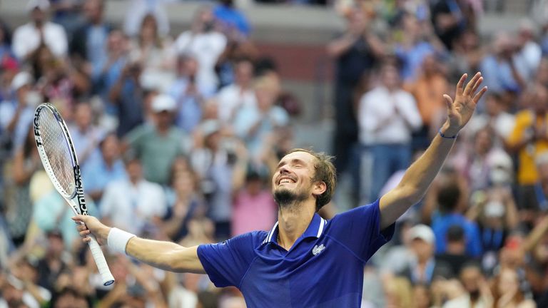 Daniil Medvedev of Russia celebrates after his match against Novak Djokovic of Serbia (not pictured) in the men&#39;s singles final on day fourteen of the 2021 U.S. Open tennis tournament at USTA Billie Jean King National Tennis Center. Mandatory Credit: Danielle Parhizkaran-USA TODAY Sports TPX IMAGES OF THE DAY