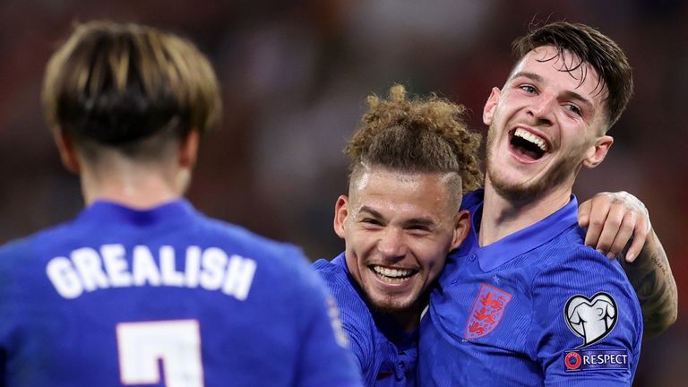 Declan Rice celebrates scoring England&#39;s fourth goal with Kalvin Phillips and Jack Grealish