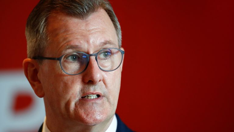 Democratic Unionist Party (DUP) party leader Sir Jeffrey Donaldson delivers his keynote speech at the Stormont Hotel, in Belfast, Northern Ireland, July 1, 2021. REUTERS/Jason Cairnduff