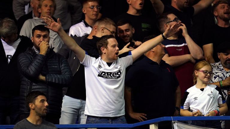 Derby County fans in the stands during the Sky Bet Championship match at St Andrew's Trillion Trophy Stadium, Birmingham.  Picture date: Friday September 10, 2021.