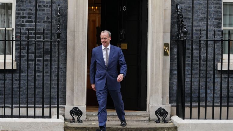 Dominic Raab leaves Downing Street following his demotion from foreign secretary to justice secretary