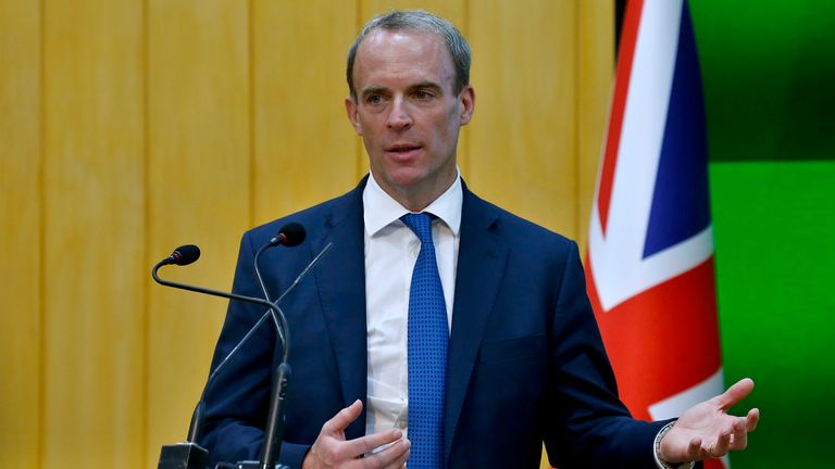 Dominic Raab pictured speaking in Islamabad, Pakistan. Pic: AP