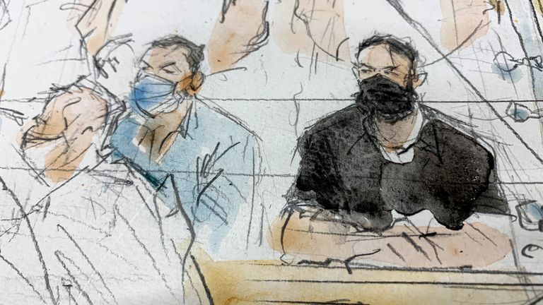 Court sketch shows key defendant Salah Abdeslam, right, and Mohammed Abrini in the special courtroom built for the 2015 attacks trial, Wednesday, Sept. 8, 2021 in Paris.  PIC:AP