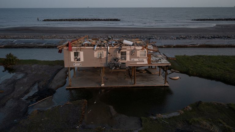 A house is seen damaged in the aftermath of Hurricane Ida as the Category 4 hurricane devastated the town and barrier island of Grand Isle, Louisiana, U.S., September 2, 2021. Picture taken with a drone. REUTERS