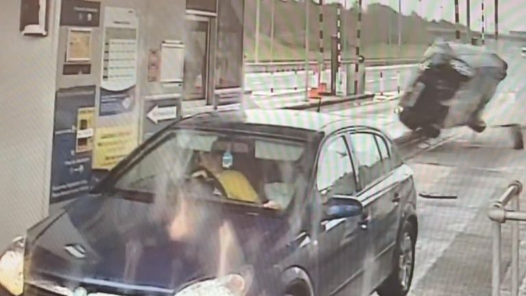 Police released shocking footage showing the moment a drug-driver collided with an unsuspecting driver, passenger and toll booth.