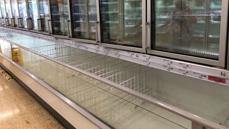 An empty freezer section at a Sainsbury&#39;s supermarket in Durham