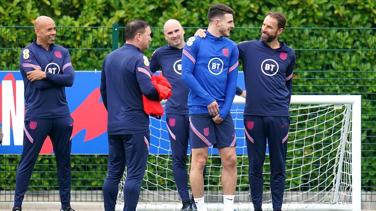 Southgate photographed with Declan Rice during training in London on Saturday