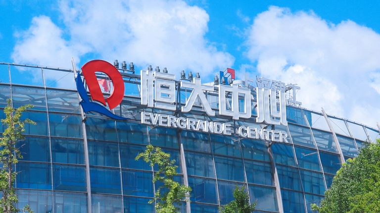 A view of the logo of the Evergrande Group at Evergrande Center in Shanghai, China Wednesday, Jul. 21, 2021.