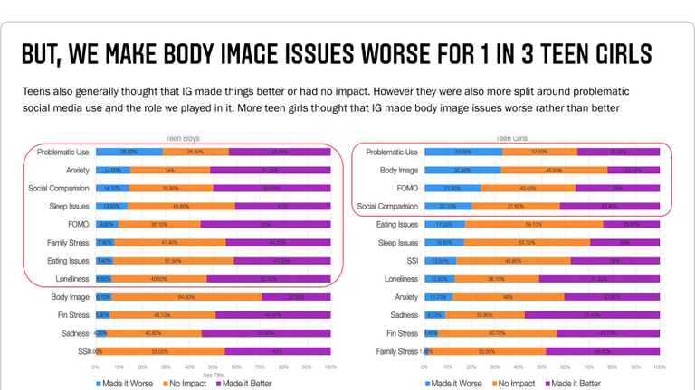 O título do slide dizia que o Instagram tornava as imagens corporais piores para uma em cada três adolescentes