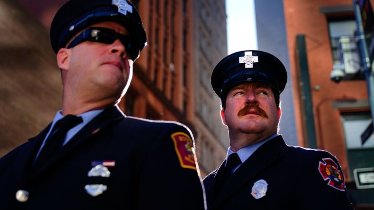 Firefighters from Massachusetts gather with others on the 20th anniversary of 9/11. Pic: AP