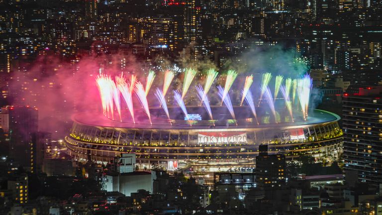Fireworks illuminate over National Stadium viewed from Shibuya Sky observation deck during the closing ceremony for the 2020 Paralympics in Tokyo