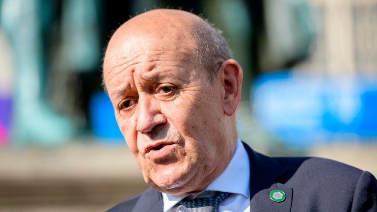 10 September 2021, Thuringia, Weimar: The Foreign Minister of France, Jean-Yves Le Drian, walks through the city centre with his counterparts from Poland and Germany on the occasion of the 30th anniversary of the Weimar Triangle. Photo by: Jens Schlueter/picture-alliance/dpa/AP Images