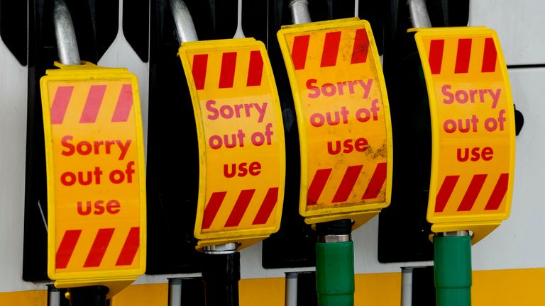 Pic: AP
Closed fuel pumps at a petrol station in London, Tuesday, Sept. 28, 2021. Long lines of vehicles have formed at many gas stations around Britain since Friday, causing spillover traffic jams on busy roads. (AP Photo/Frank Augstein)
