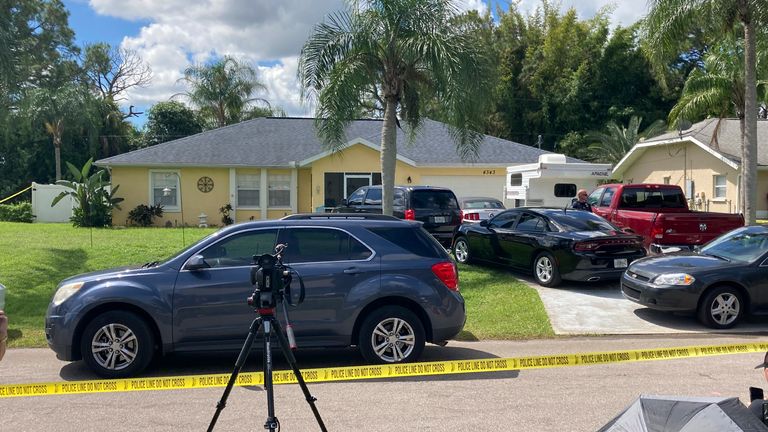 Police tape blocks off the home of Brian Laundrie&#39;s parents in North Port, Florida. Pic: AP