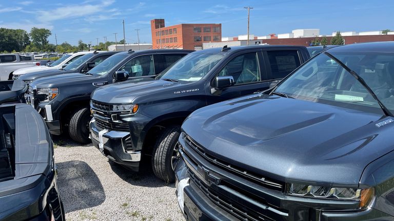 General Motors pickup trucks awaiting missing parts in Fort Wayne, Indiana