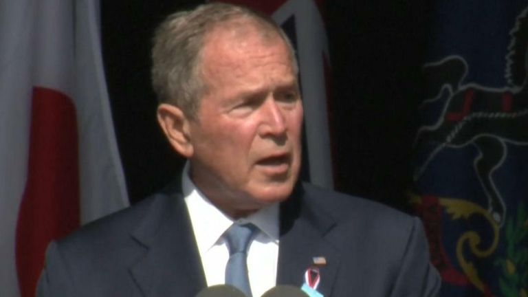 George Bush speaks in Shanksville, Pensylvania, twenty years on from when Flight 93 crashed into the ground.