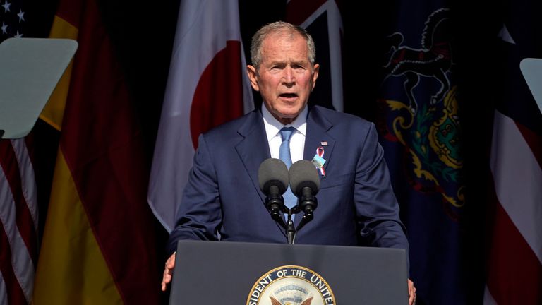 Former President George W. Bush makes remarks at the Flight 93 National Memorial in Shanksville, Pa., Saturday, Sept. 11, 2021, as the nation marks the 20th anniversary of the Sept. 11, 2001 attacks. (AP Photo/Gene J. Puskar).