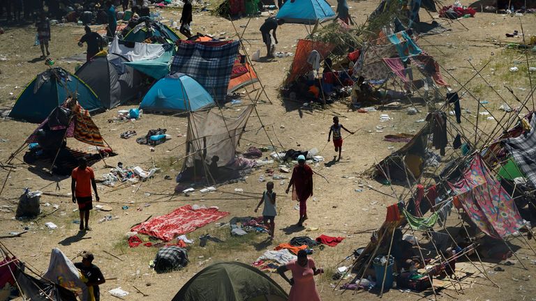 Haitian migrants in a makeshift camp near Del Rio in Texas. Pic: AP