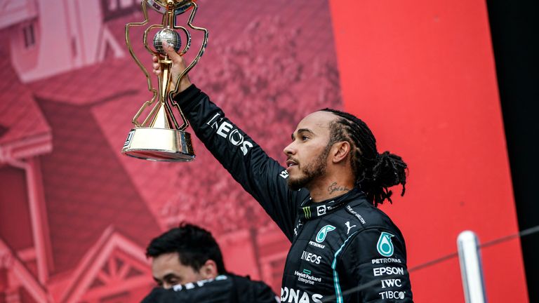 Lewis Hamilton won his 100th Formula One race. Pic: AP