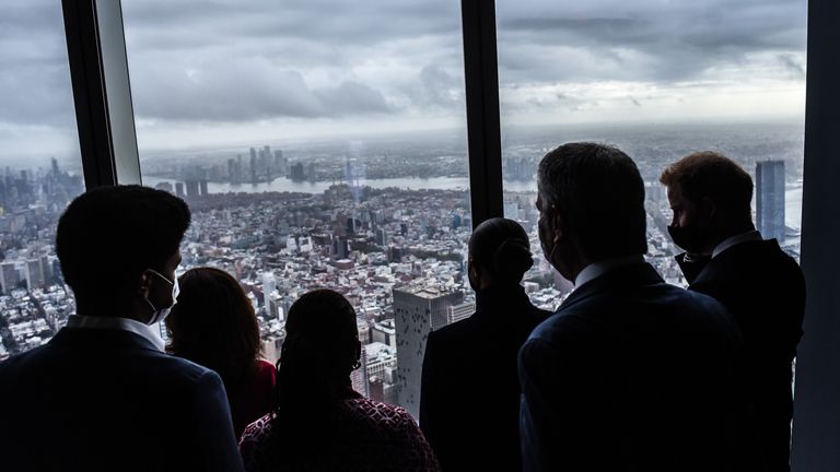 Handout photo issued by the Office of the Mayor of New York of Governor Kathy Hochul, the Duke and Duchess of Sussex, Mayor Bill de Blasio, First Lady Chirlane McCray and Dante de Blasio during a visit to the One World Observatory in New York. Picture date: Thursday September 23, 2021.