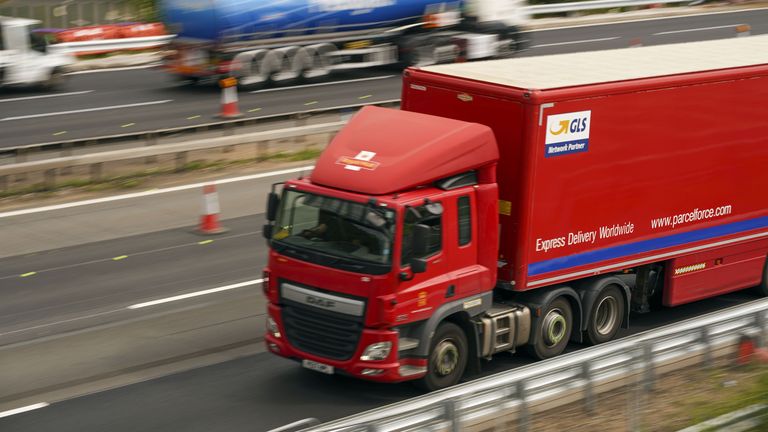 An HGV lorry on the M4 motorway near Datchet, Berkshire