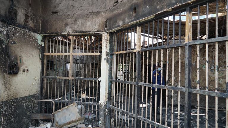 Fire damage in a cell in the overcrowded block. Pic: Ministry of Law and Human Rights Indonesia 